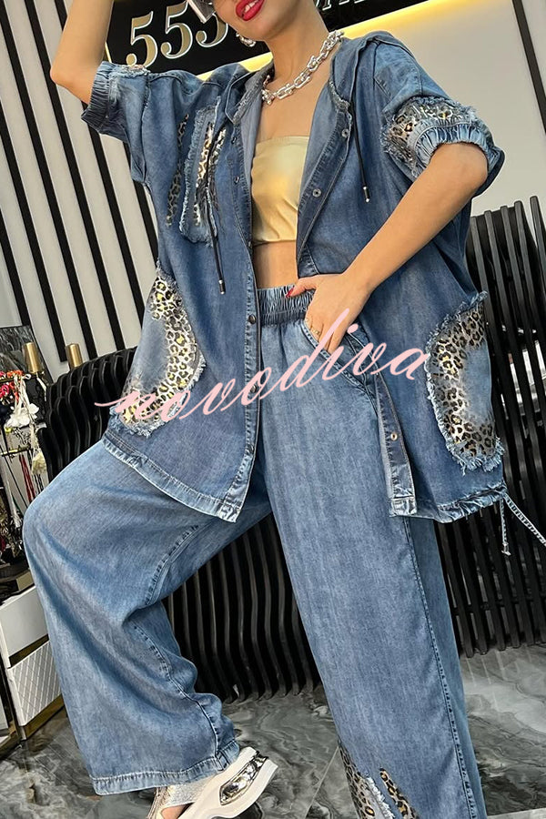 Fashion Loose Hooded Leopard Print Pocket Top and Casual Wide-leg Pants Set