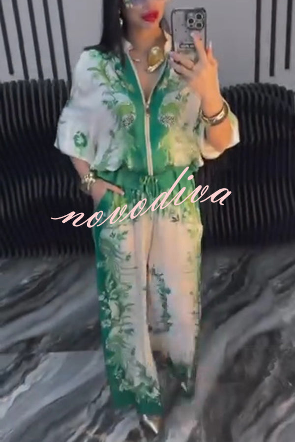 Unique Printed Casual Long-sleeved Loose Top and Elastic Waist Pocket Wide-leg Pants Set