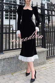 Baroque Style Velvet Lace Trim Sweetheart Neck Long Sleeve Flare Midi Dress