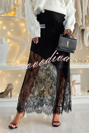 Gentle Winter Satin Lace Patchwork High Rise Elastic Waist Maxi Skirt