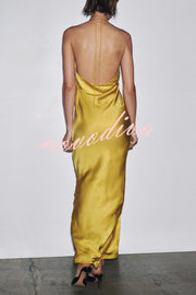 Fashionable Beaded Large Flower Decoration Halter Neck Backless Maxi Dress