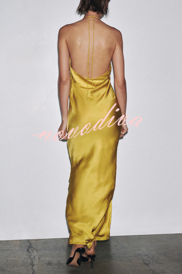 Fashionable Beaded Large Flower Decoration Halter Neck Backless Maxi Dress