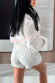 Diviano Cabble Knit Button Scarf Long Sleeve Sweater and Stretch Mini Shorts Set（3 Pieces）