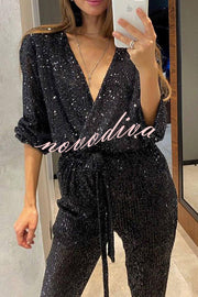 Cheers To You Sequin Long Sleeve Belted Wrap Loose Jumpsuit