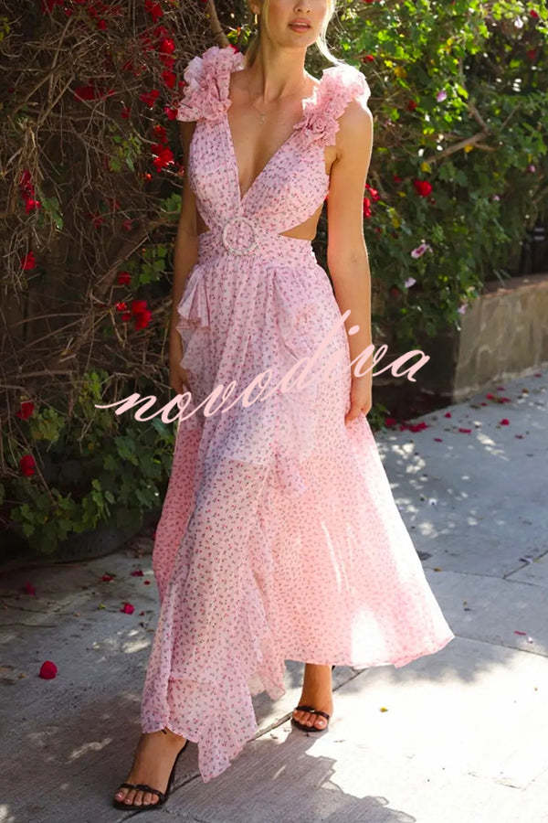 Wedding Dreams Chiffon Printed Flutter Sleeve Cutout Back Lace-up Maxi Dress
