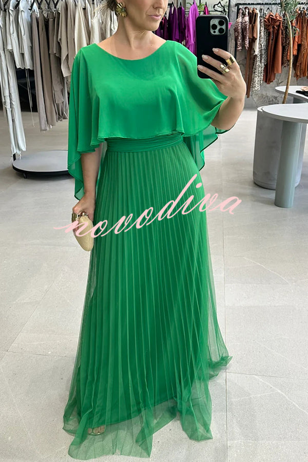 Ready for Holiday Cape Sleeve Tie-up Pleated Maxi Dress