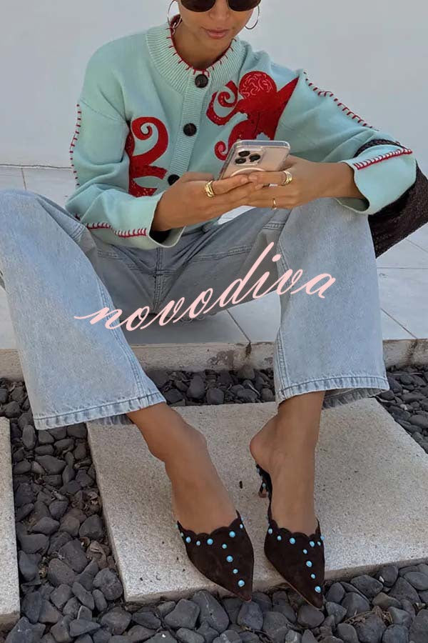 Coastal Fashion Knit Octopus Graphic Contrast Piping Button Up Loose Cardigan