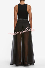 Avant-garde Fashion Denim Flowing Organza Patchwork Pocketed Wide Leg Jeans