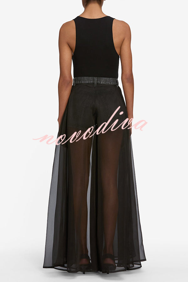 Avant-garde Fashion Denim Flowing Organza Patchwork Pocketed Wide Leg Jeans