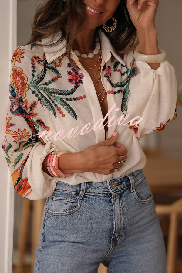 Botanical Print Loose Lapel Long Sleeve Casual Shirt