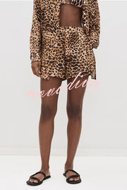 Trisha Linen Blend Leopard Print Long Sleeve Blouse and Elastic Waist Pocket Loose Shorts Set