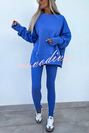 Solid Color Loose Long Sleeve SlitSweatshirt and Elastic Waist Tight Pants Set