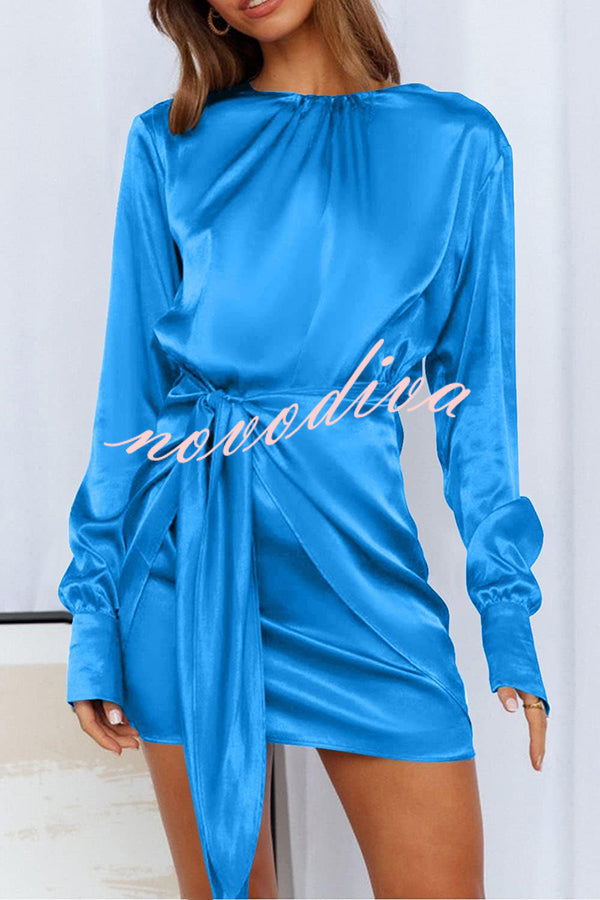 Satin Round Neck Long Sleeve Elastic Tie Mini Dress