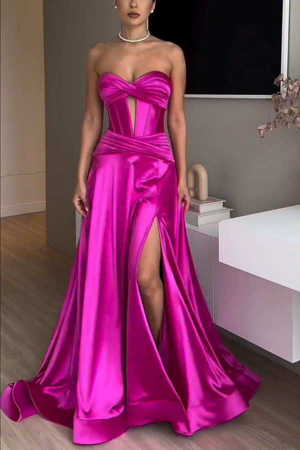 Emiliana Satin Twist Bust Cutout Corset Slit Prom Maxi Dress