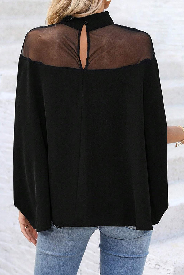 Fashionable Mesh-paneled Batwing Sleeve High-neck Loose Top