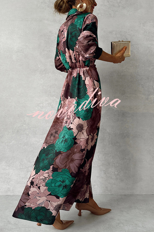 Floral Print Lapel Waisted Lace-up Long-sleeve Maxi Dress