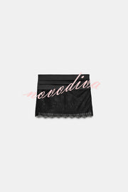 Anna Satin Bow Appliqué Mid Rise Lace Hem Mini Skirt