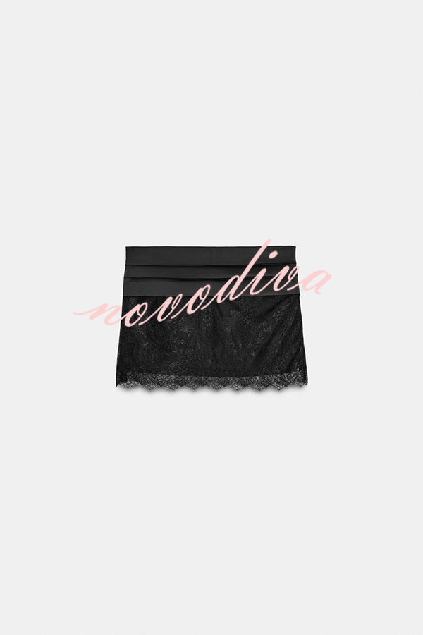 Anna Satin Bow Appliqué Mid Rise Lace Hem Mini Skirt