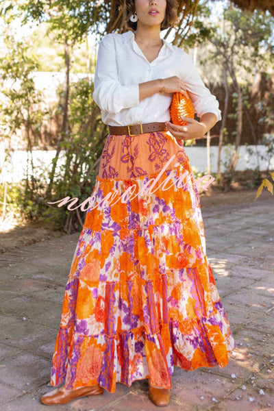 Resort Style Floral Print Elastic Waist Loose Stitching Maxi Skirt