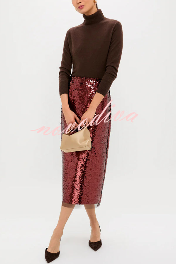Upper East Chic Sequin Mesh Trim High Rise Slit Pencil Midi Skirt
