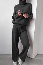 Solid Color Turtleneck Long-sleeved Knit Top and Elastic Waist Casual Pants Set