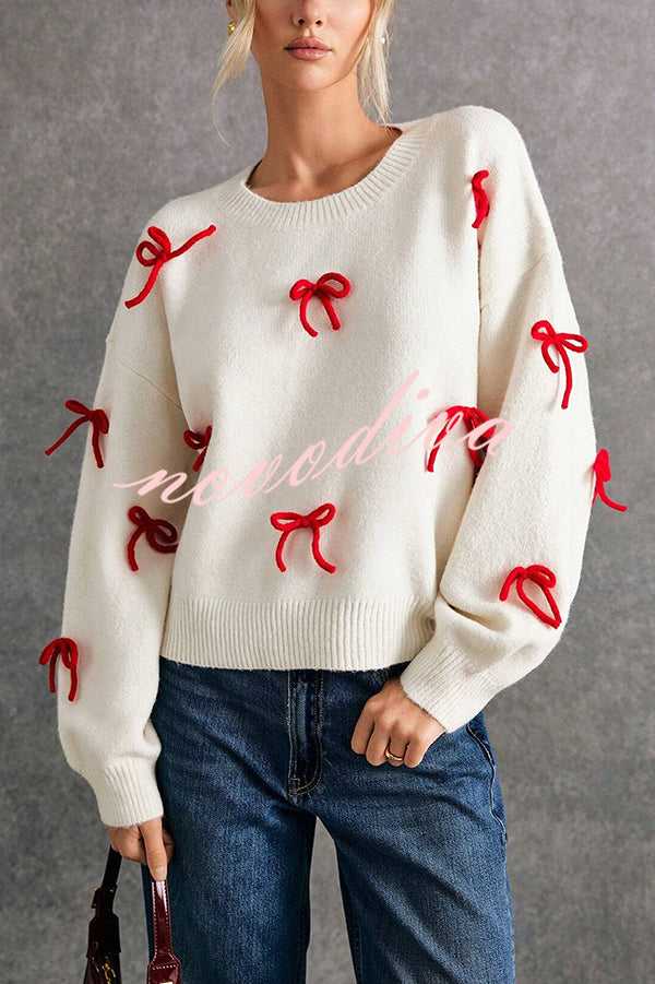 Christmas Bow Round Neck Loose Long Sleeve Knitted Sweater