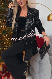 Chic Party Season Sequin Button Long Sleeve Lapel Oversized Blazer Jacket