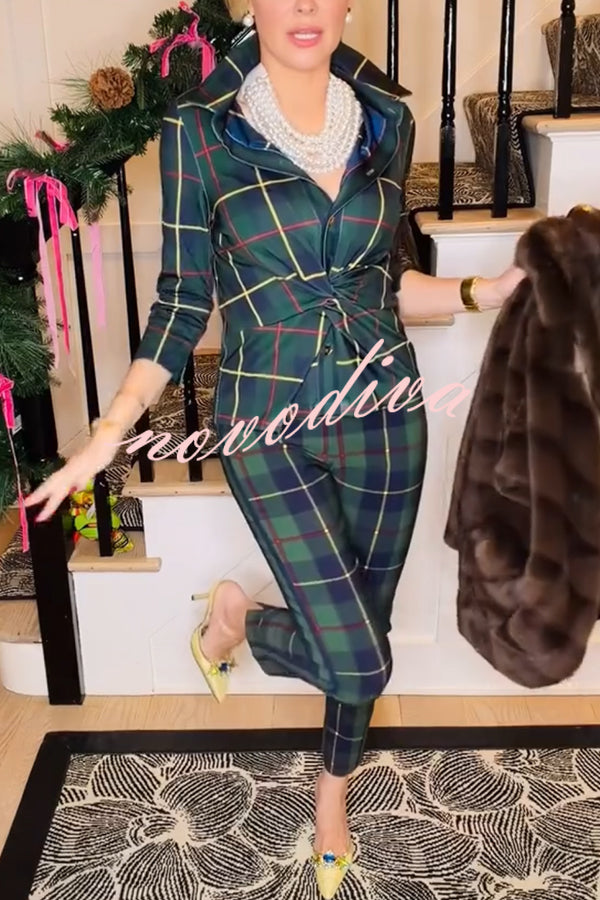 Embrace The Festival Plaid Twist Half Sleeve Shirt and Elastic Waist Pencil Pants Set