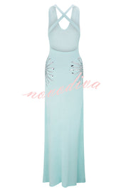 Sparkling Nights Knit Sunburst Sequin Detail Back Cross Straps Stretch Maxi Dress