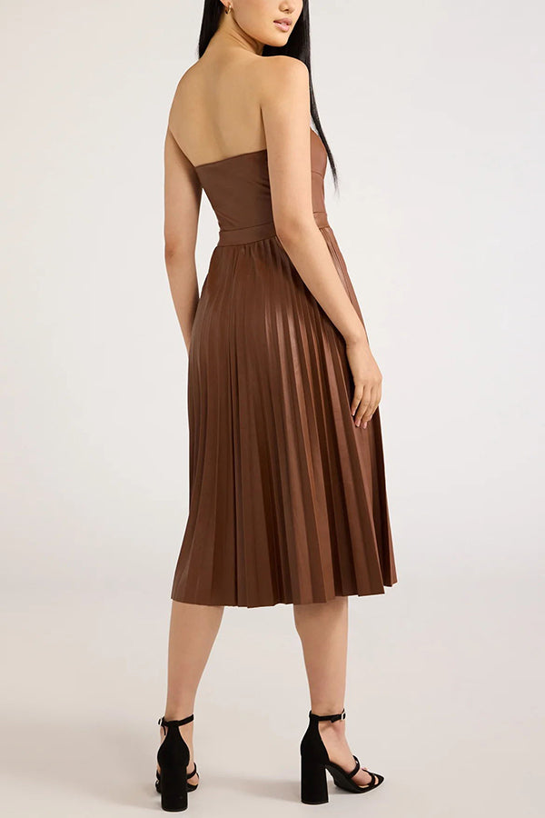 My Juliet Faux Leather Off Shoulder Strapless Pleated Stretch Midi Dress