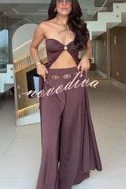 Stellah Golden Details Front Slit Midi Tube Top and Elastic Waist Wide Leg Pants Set