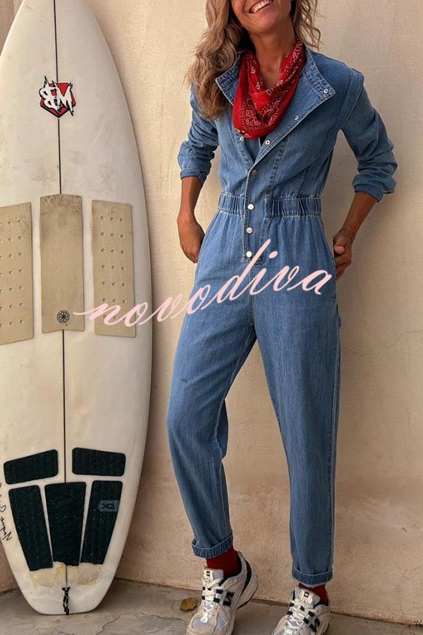 Carey Denim Button Up Long Sleeve Elastic Waist Pocketed Loose Jumpsuit