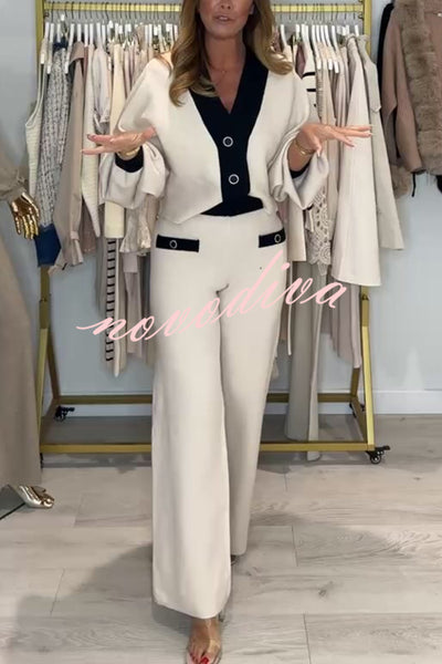 Fashion Contrast Color V-neck Loose Cardigan and Elastic Waist Casual Pants Set