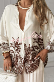 Botanical Print Loose Long-sleeved Shirt and Elastic Waist Pocket Casual Wide-leg Pants