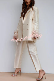 Chic Affair Satin Feather Trim Lapel Loose Blazer and High Rise Pocket Tapered Pants Set