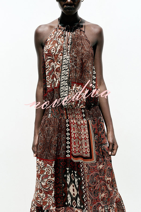 Ethnic Boho Colorblock Print Elastic Waist Resort Style Maxi Dress