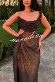 Glitzy Gala Sequin One Shoulder Ruched Slit Maxi Dress