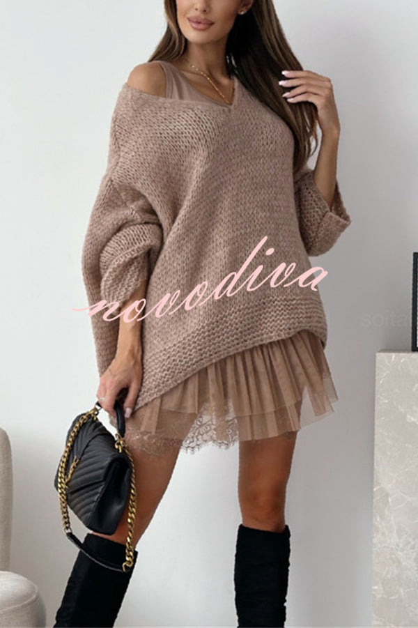 Solid Color Loose V-neck Casual Knitted Sweater