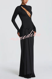 Sexy Cutout Fitted Long-sleeved Pleated Satin Ribbon Maxi Dresses
