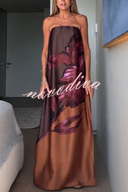 Drawing Inspiration Satin Floral Print Off Shoulder A-line Slit Maxi Dress