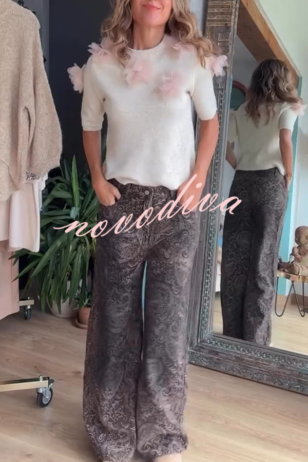 Alboran Knit Organza Flowers Detail Short Sleeve Loose Sweater