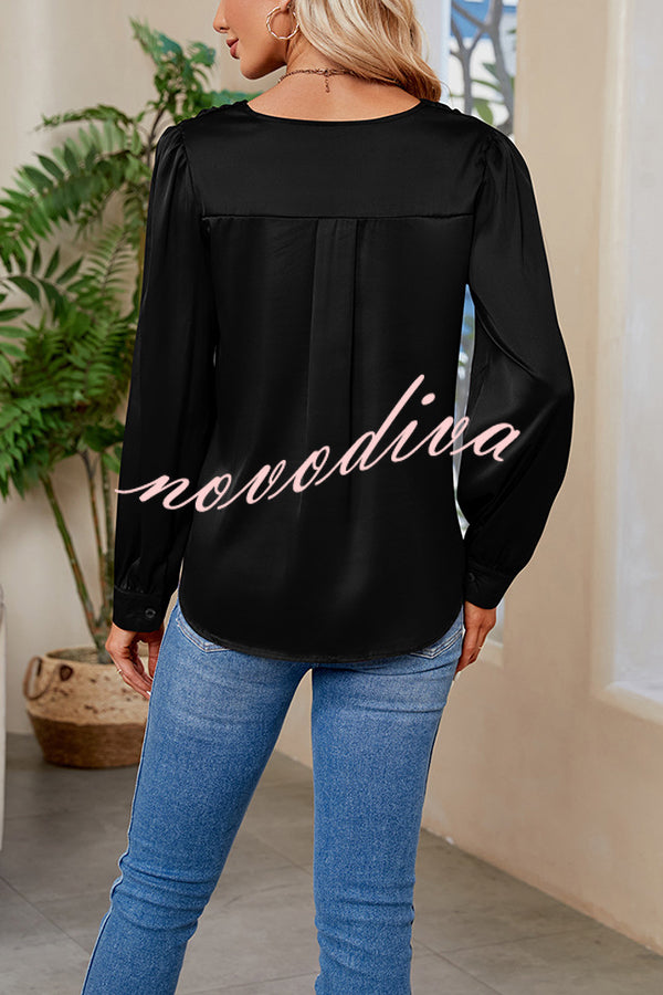 Satin Pleated V-neck Long-sleeved Loose Shirt