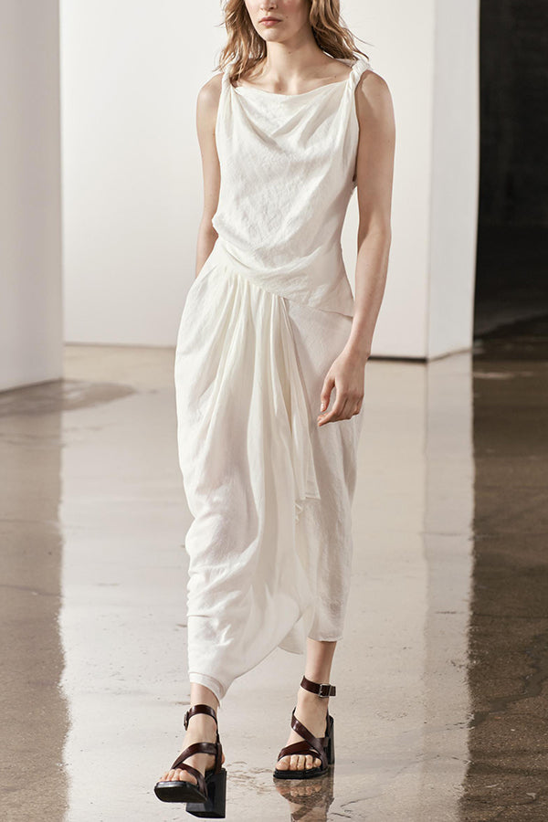 Sculptural Effect Linen Blend Twisted Shoulder Strap Drape Maxi Dress