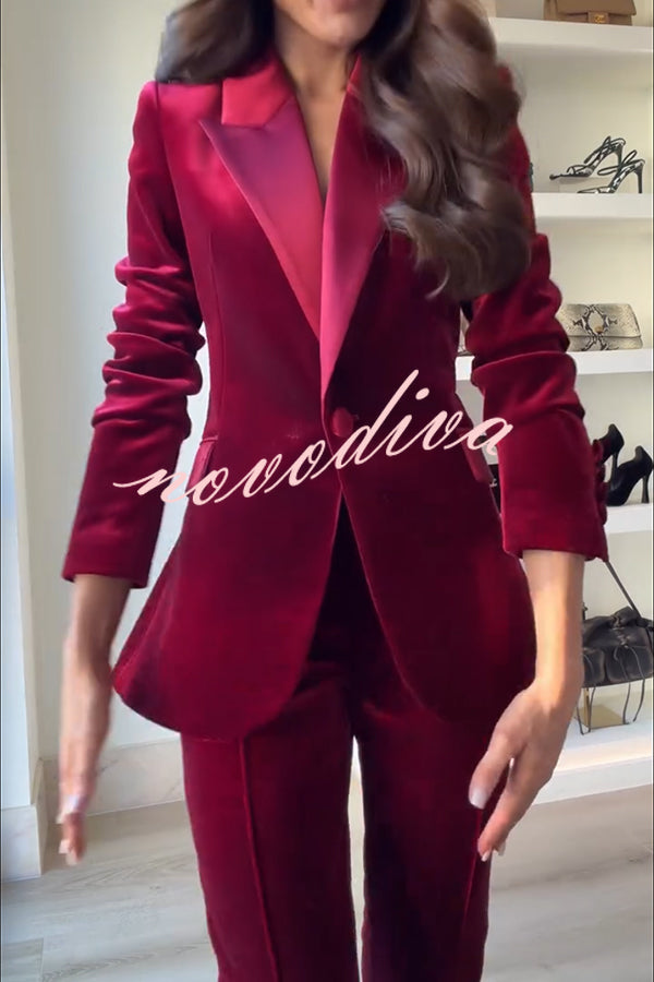 Delicate Daze Velvet Satin Lapel Button Up Long Sleeve Tapered Waist Blazer