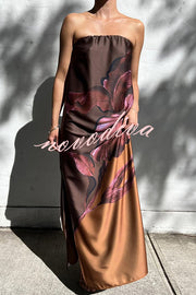 Drawing Inspiration Satin Floral Print Off Shoulder A-line Slit Maxi Dress