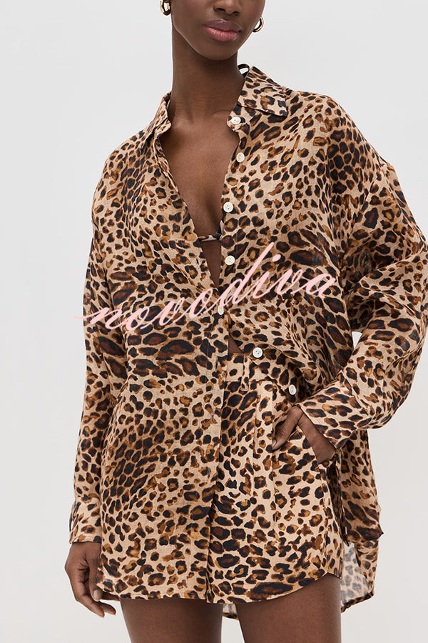 Trisha Linen Blend Leopard Print Long Sleeve Blouse and Elastic Waist Pocket Loose Shorts Set