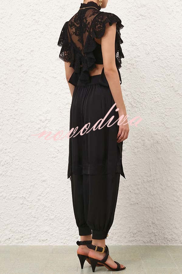 Esella Satin Gathered Waist Pocket Button Ankle Cuffs Harem Pant