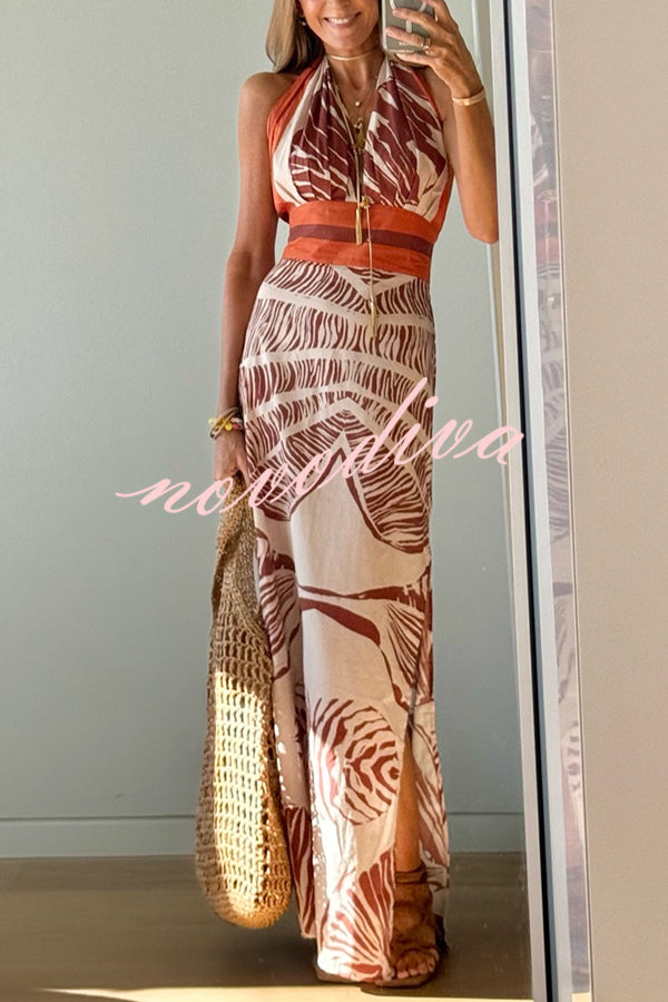 Vacay Bound Linen Blend Unique Botanical Print Halter Maxi Dress