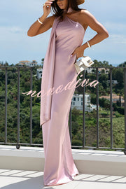 Cheers Babe Satin Solid Color Elegant One Shoulder Tie Maxi Dress