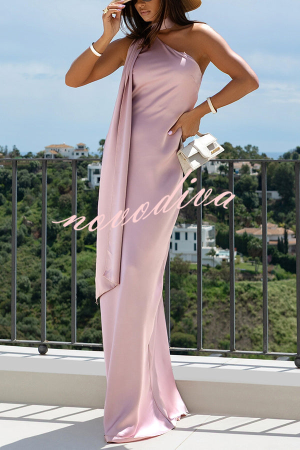 Cheers Babe Satin Solid Color Elegant One Shoulder Tie Maxi Dress